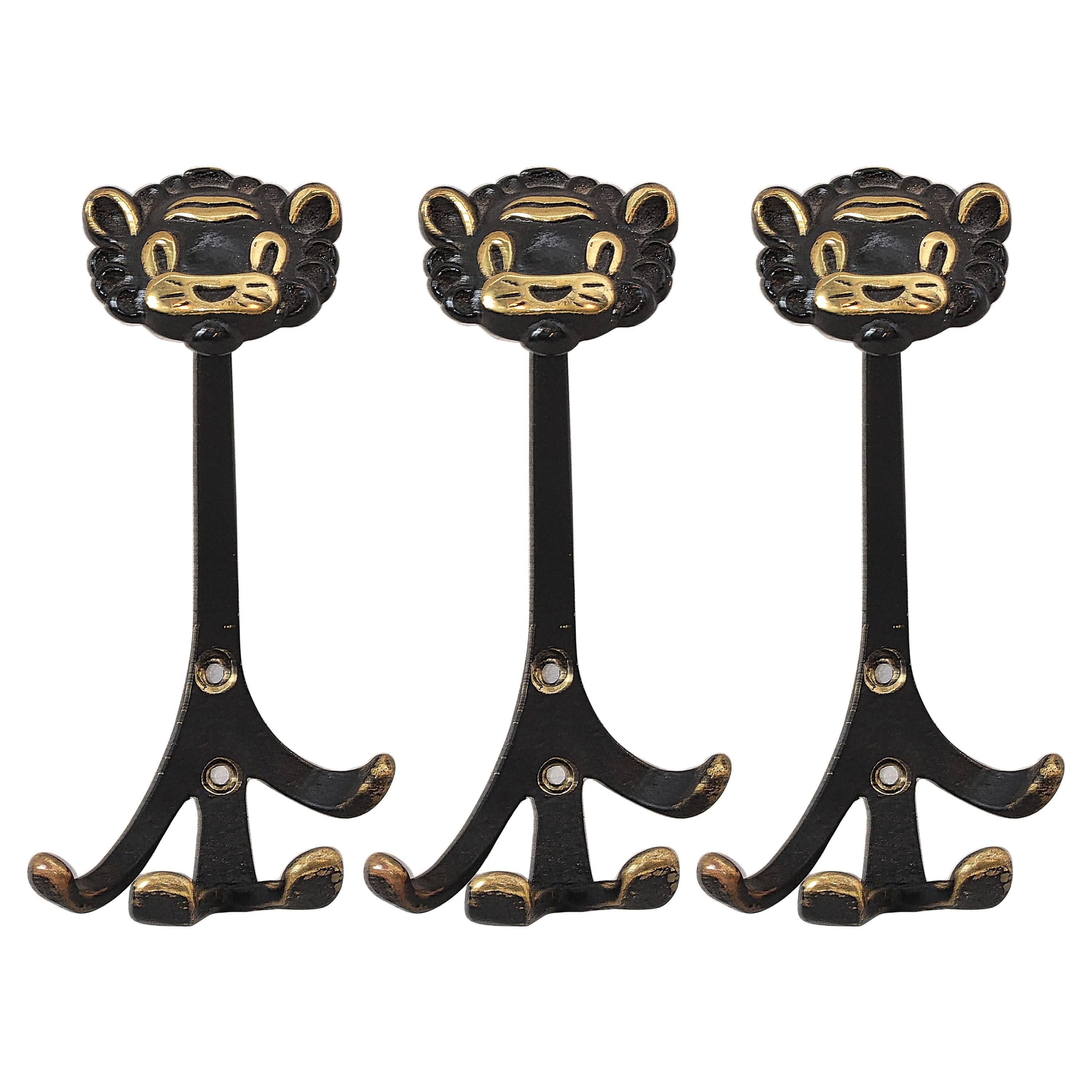 Three Walter Bosse Brass Wall Hooks of a Lion Austria, 1950s For Sale