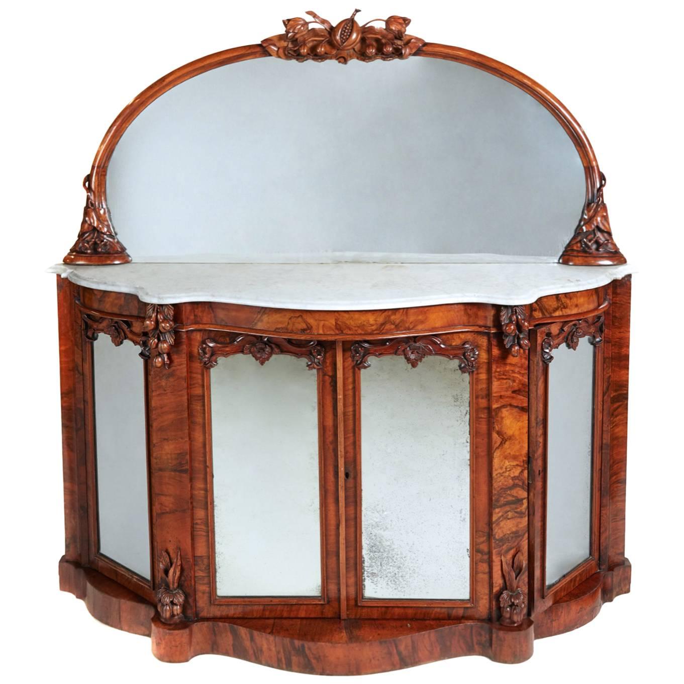 19th Century High Victorian Walnut Mirror and Credenza
