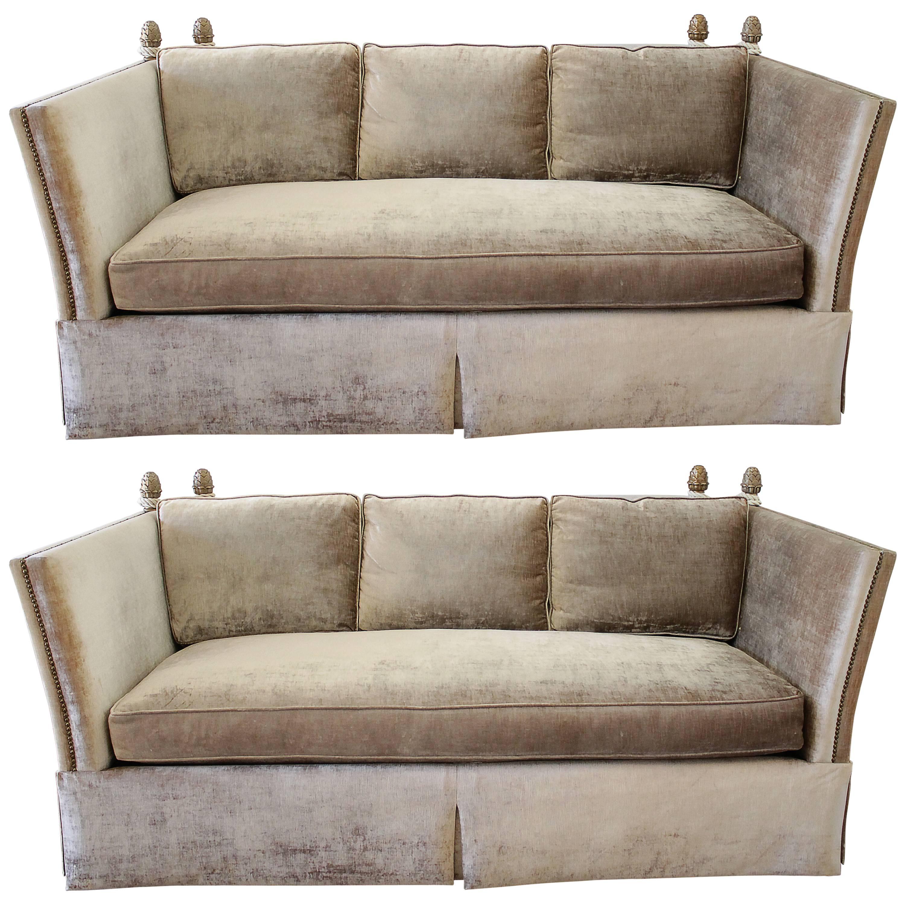 Pair of Knoll Style Sofas with Acorn Finials in Champagne Velvet Upholstery