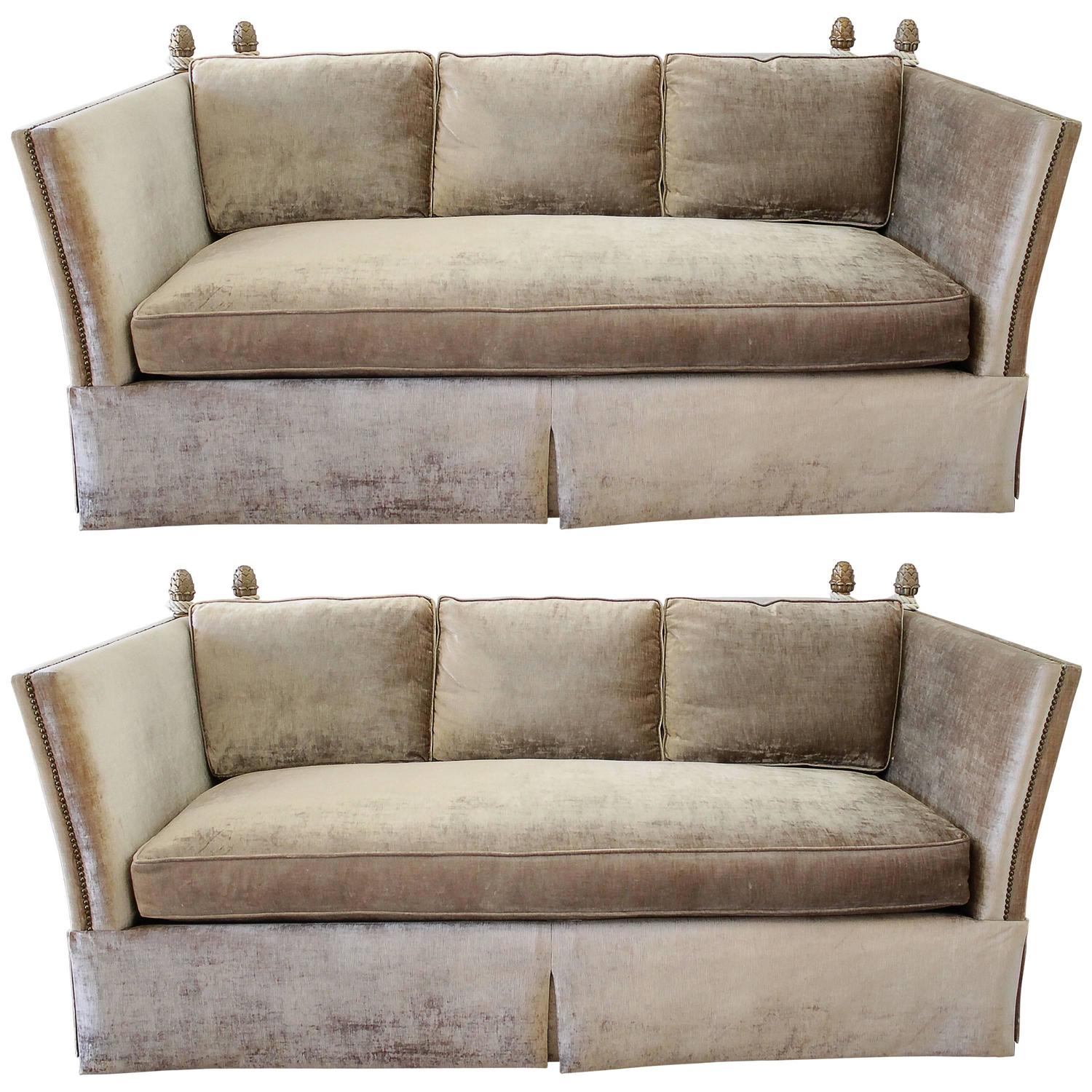 Knoll Style Sofas With Acorn Finials, Knoll Style Sofa Velvet