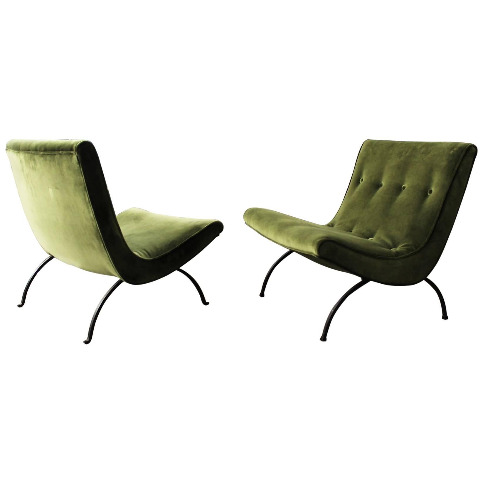 Sculptural Milo Baughman "Scoop" Lounge Chairs in Velvet and Wrought Iron, 1960s