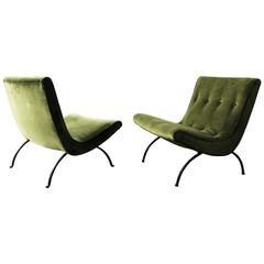 Vintage Sculptural Milo Baughman "Scoop" Lounge Chairs in Velvet and Wrought Iron, 1960s