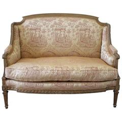 19th Century Giltwood Neoclassical Style Settee in Silk Toile