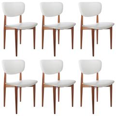 Set of Six Danish Modern Dining Chairs Restored in White Vinyl Upholstery