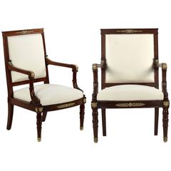 Pair of Napoleon III Mahogany and Gilt Bronze Armchairs, 19th Century