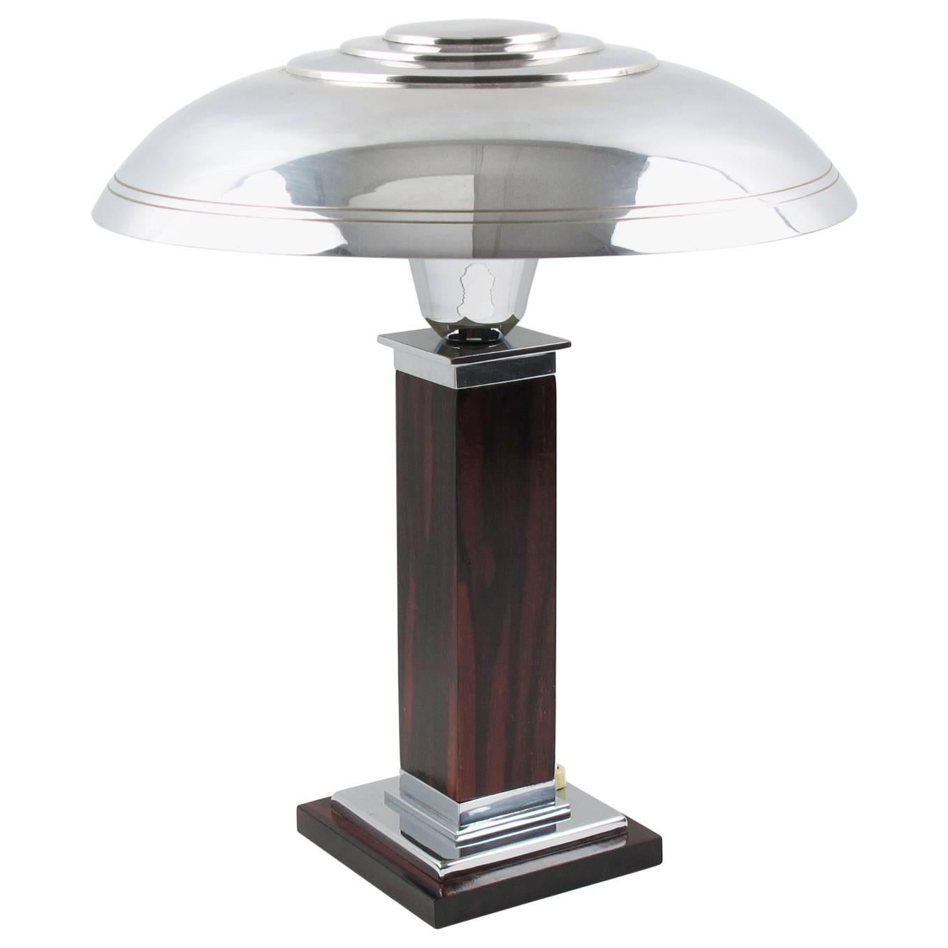 French Art Deco Chrome & Macassar Mushroom Shade Desk Table Lamp, circa 1930s