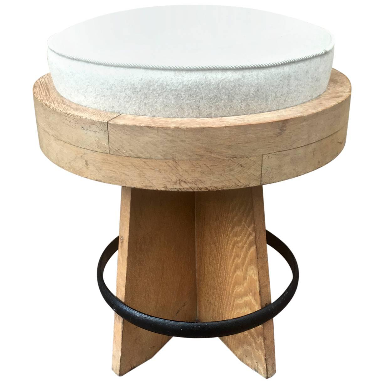 Awesome Modernist Round Stool in Oak, Newly Covered with an Iron Circle For Sale