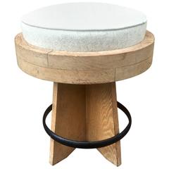 Awesome Modernist Round Stool in Oak, Newly Covered with an Iron Circle