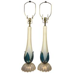 Exceptional Pair of Murano Glass Table Lamps by Seguso with Gold Leaf Inclusion