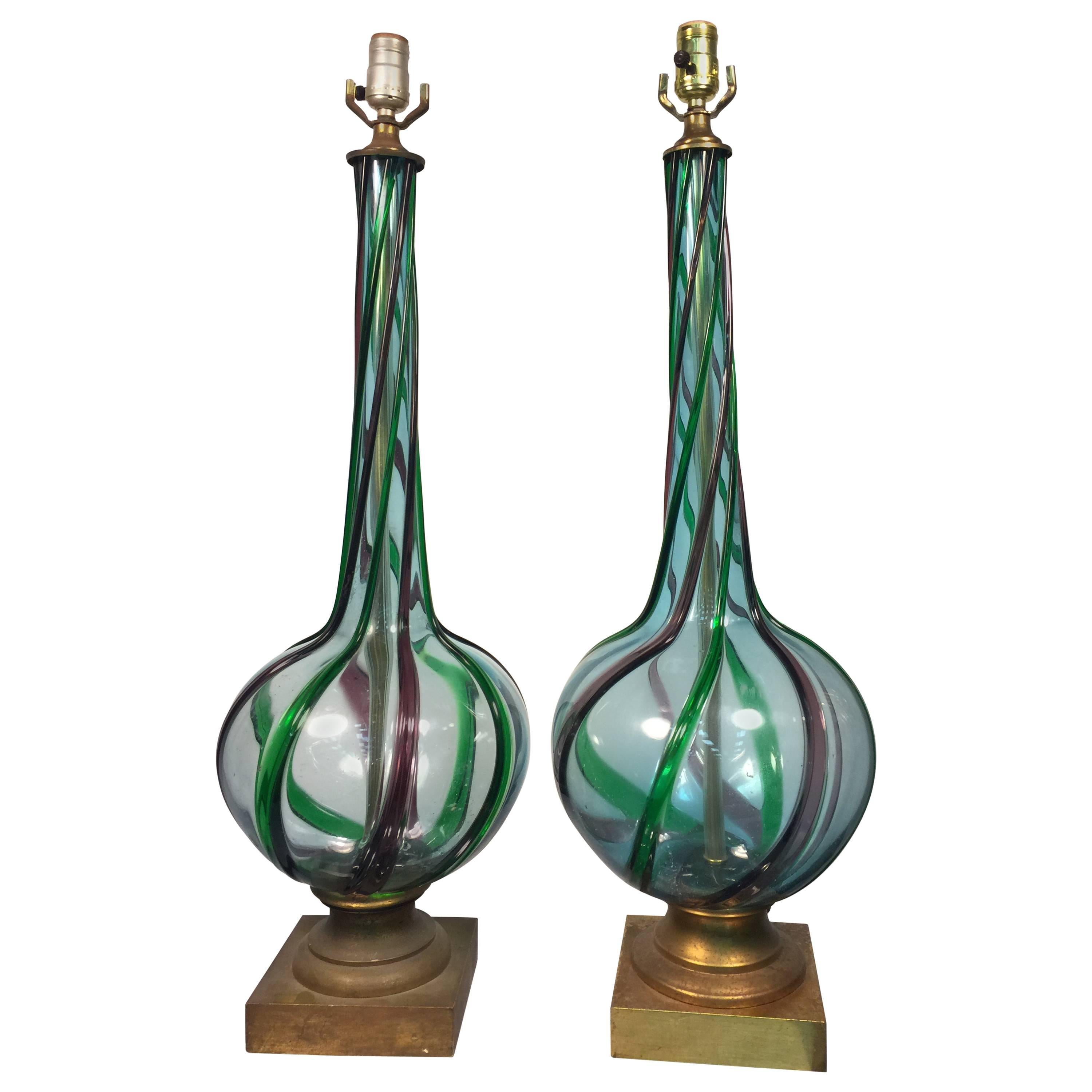 Stylish Pair of Midcentury Ribbed Murano Glass Lamps with Beautiful Design For Sale