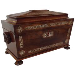 Antique Rosewood Tea Chest Mother-of-Pearl Inlay, 1830s
