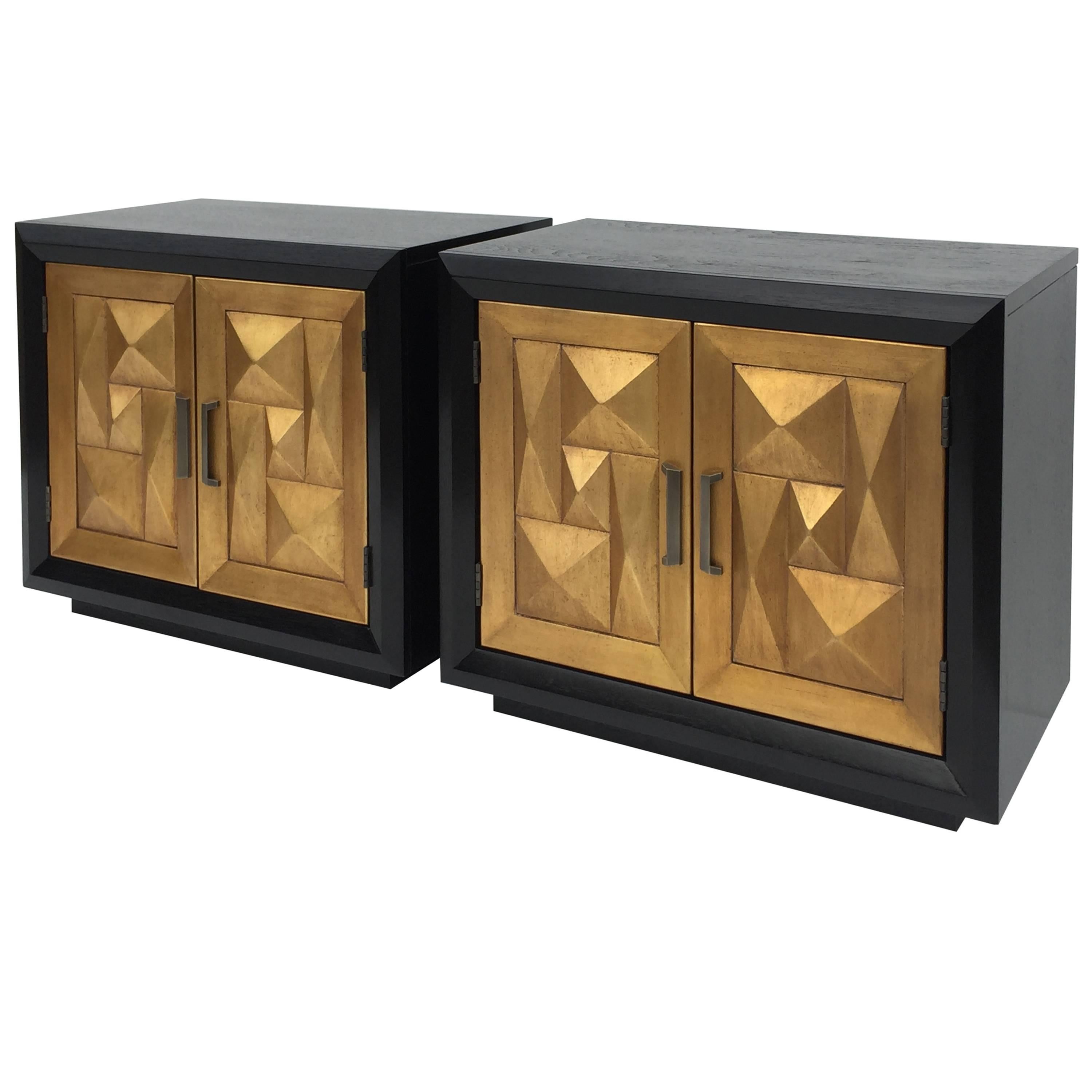 Pair of Sculptural Diamond Front Gold Leafed and Ebonized Nightstands