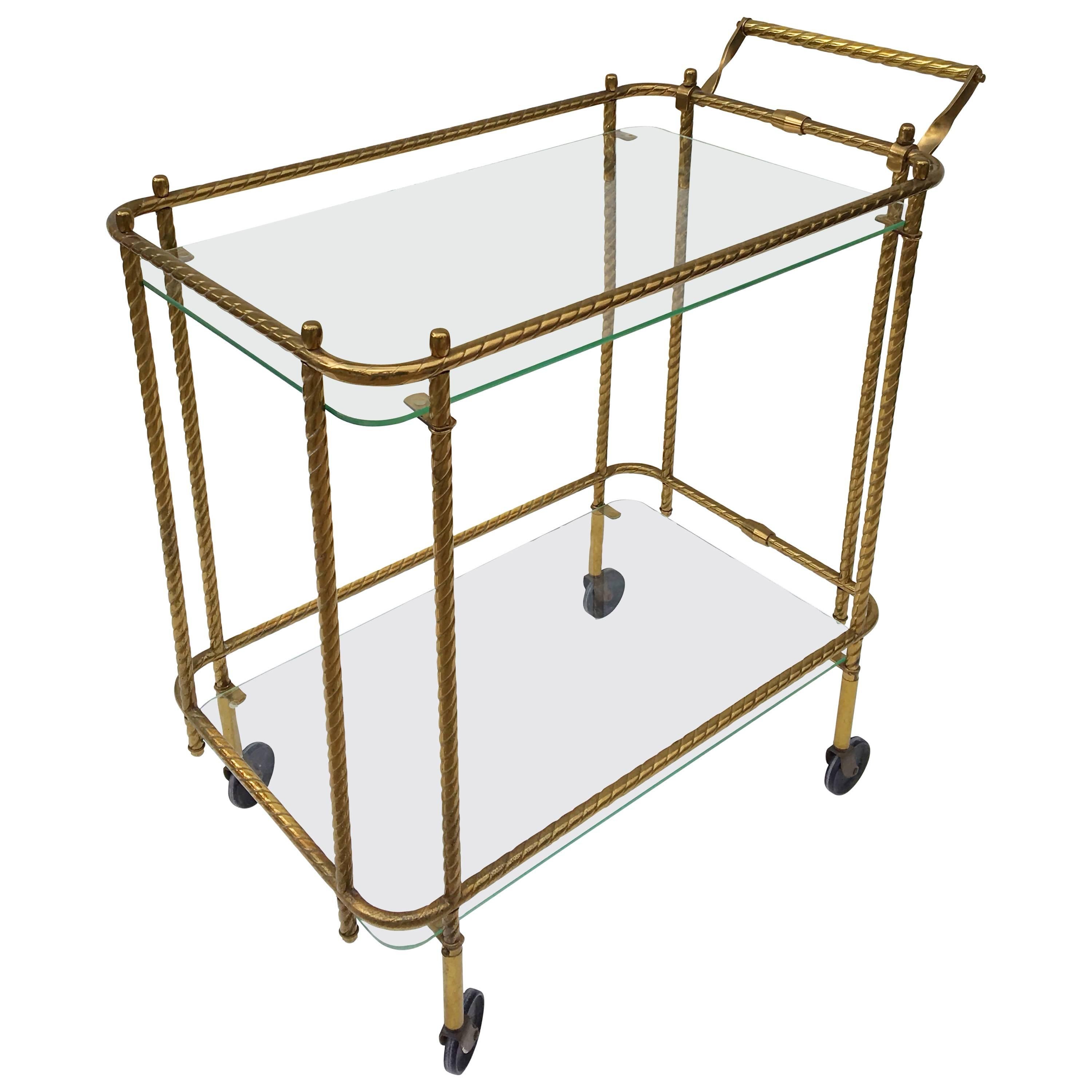 1970s Aged Brass and Glass Bar Cart