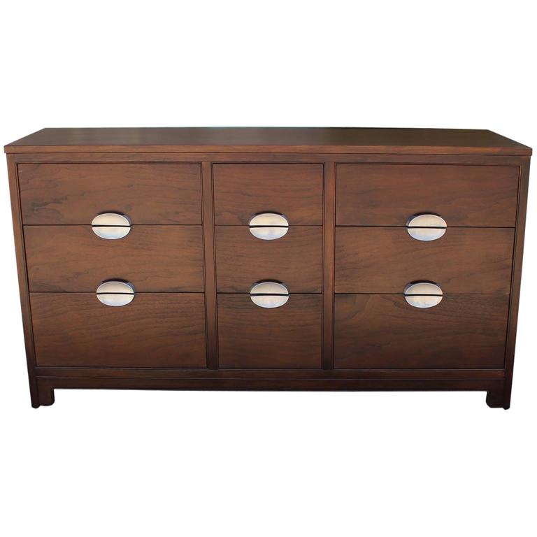 Modern Clean Lined Dark Walnut Dresser by Henredon with Nickel