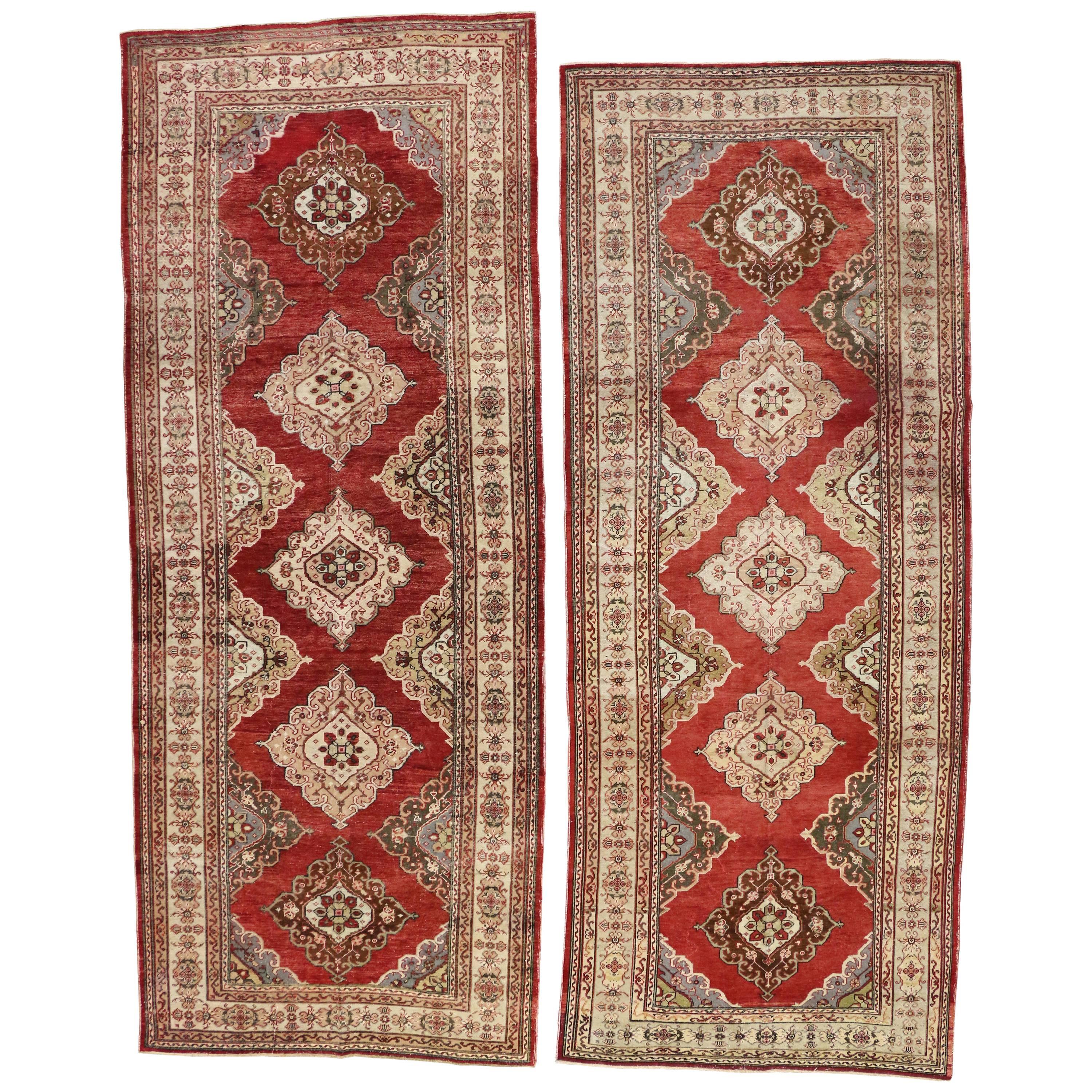 Pair of Vintage Turkish Oushak Carpet Runners with Traditional Modern Style For Sale