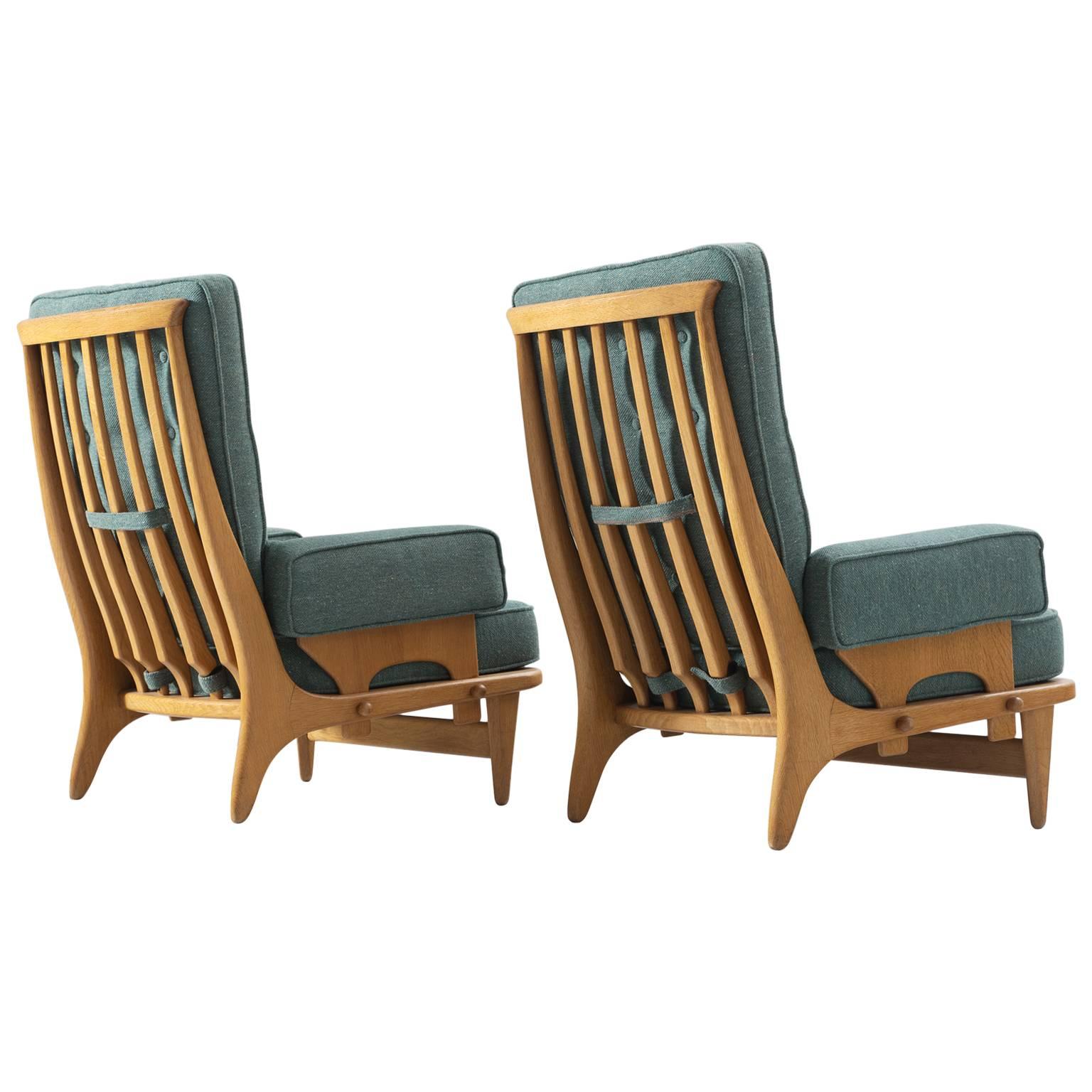 Guillerme & Chambron Set of Two High Back Lounge Chairs in Oak