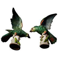 Dramatic pair of green porcelain parrots, Paris, late 18th - Early 19th century
