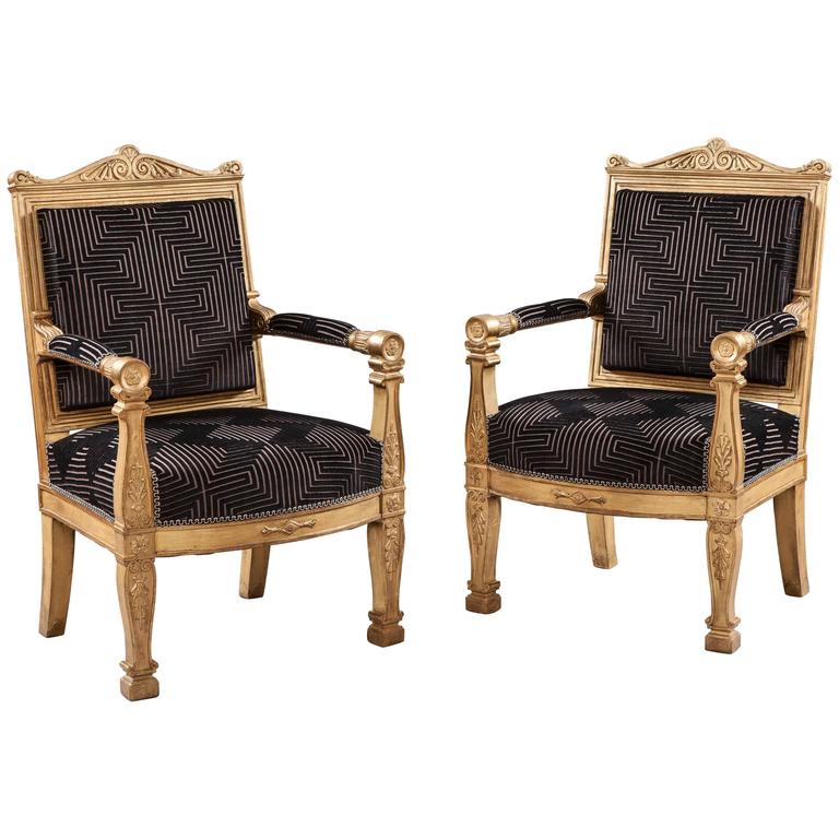 Pair of 19th Century French Giltwood and Black Velvet Armchairs For