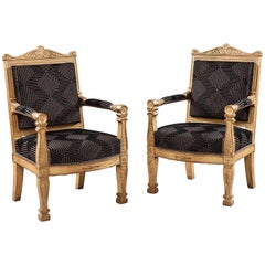 Pair of 19th Century French Giltwood and Black Velvet Armchairs 