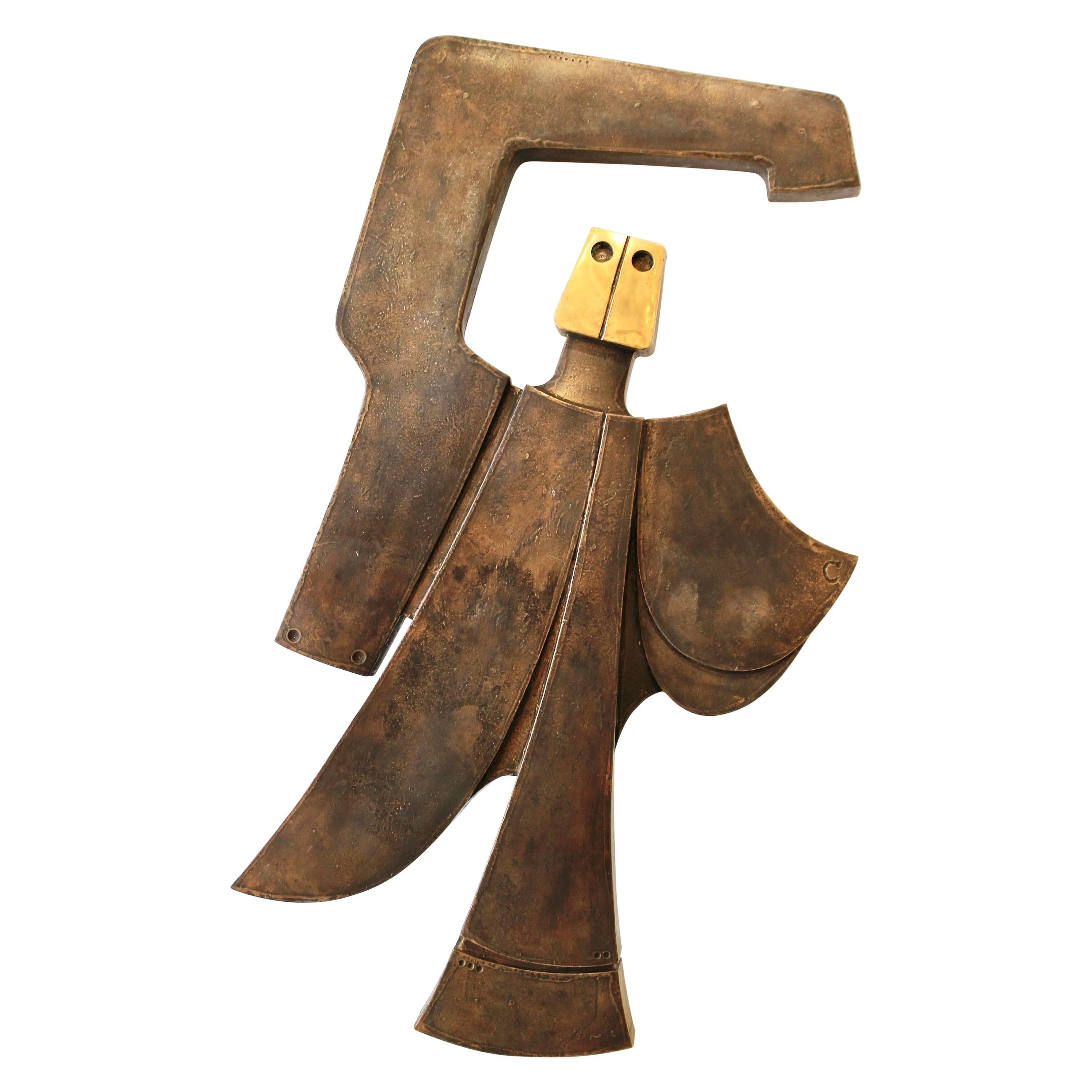 Wall-Mounted Bronze Sculpture, Winged Figure by and Signed by Hubert Minnebo
