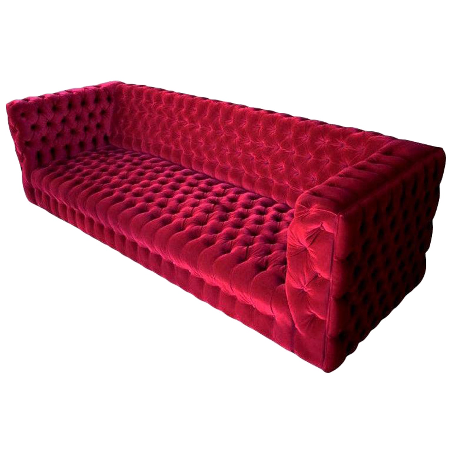 Custom Capitone "Carmen" Tufted Red Velvet Sofa by Adesso Imports For Sale  at 1stDibs