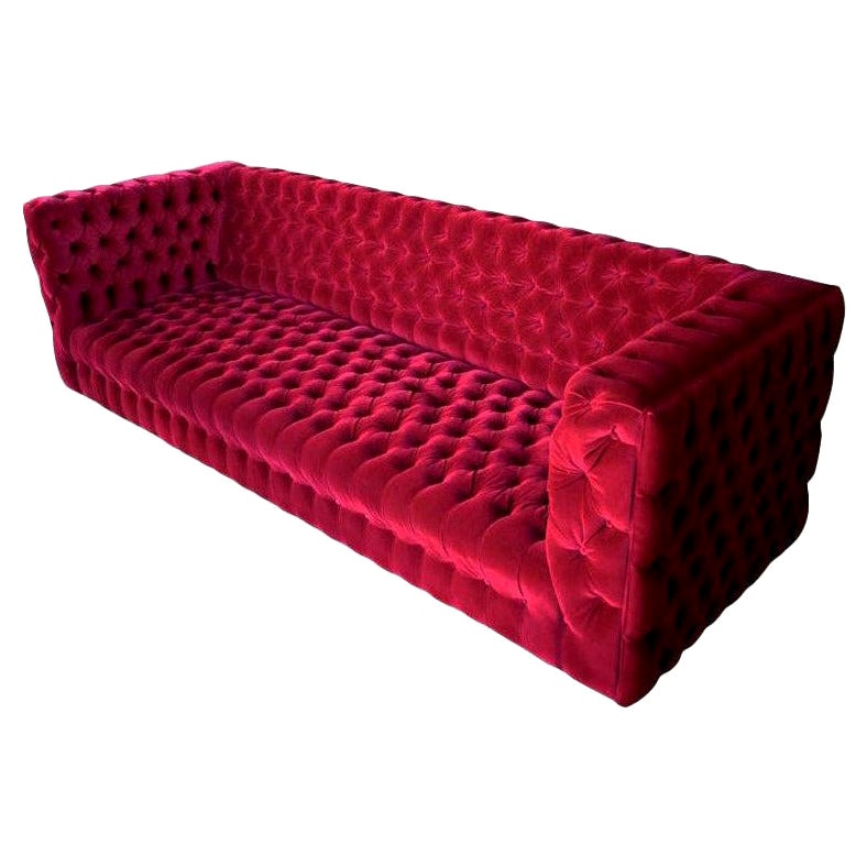 Custom Capitone "Carmen" Tufted Red Velvet Sofa by Adesso Imports