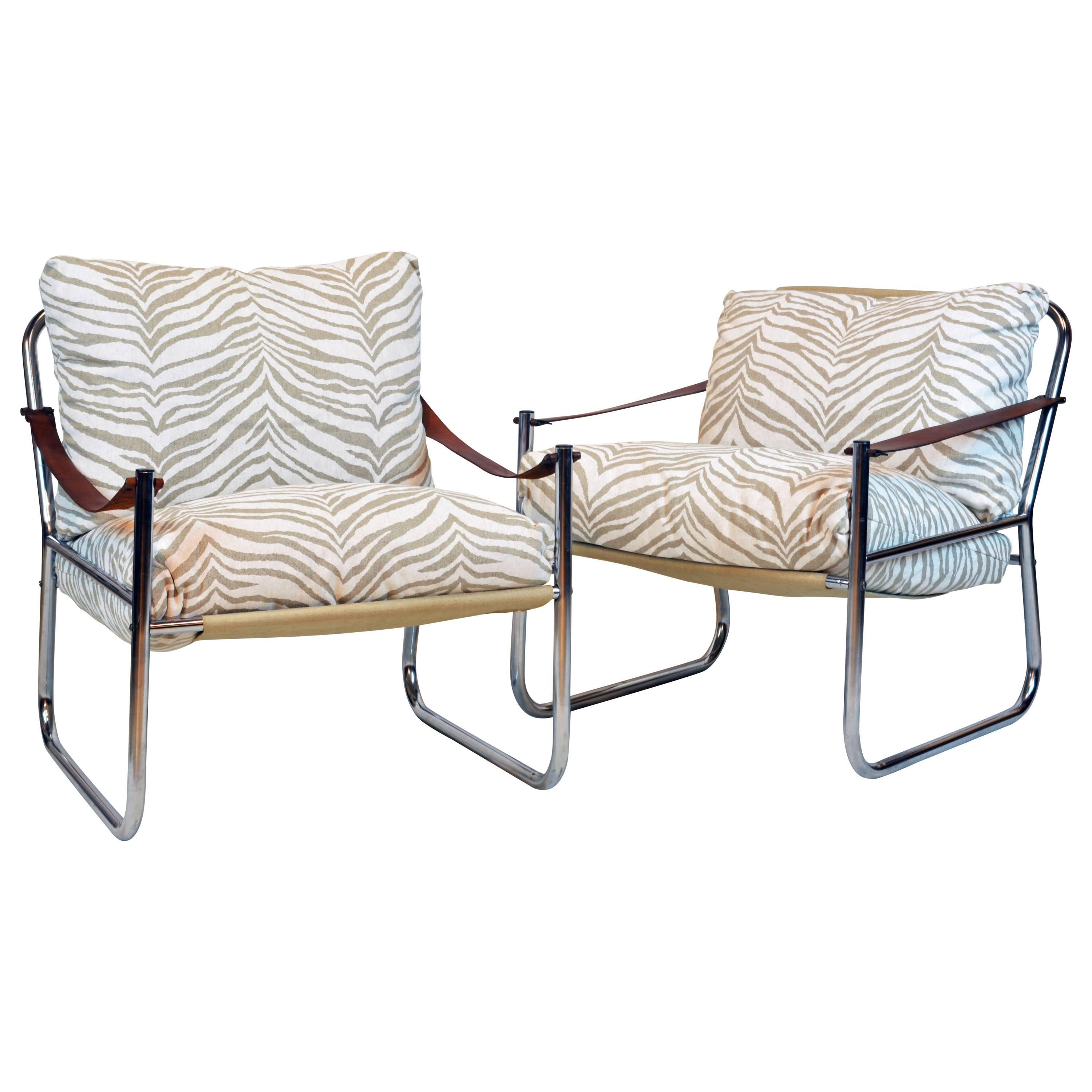 Pair of Mid-Century Modern Chrome and Leather Straps Safari Style Lounge Chairs