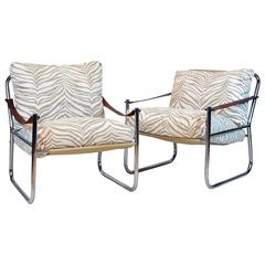 Pair of Mid-Century Modern Chrome and Leather Straps Safari Style Lounge Chairs