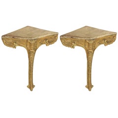 Pair of North Italian Green and Silvered Corner Console Tables, circa 1740