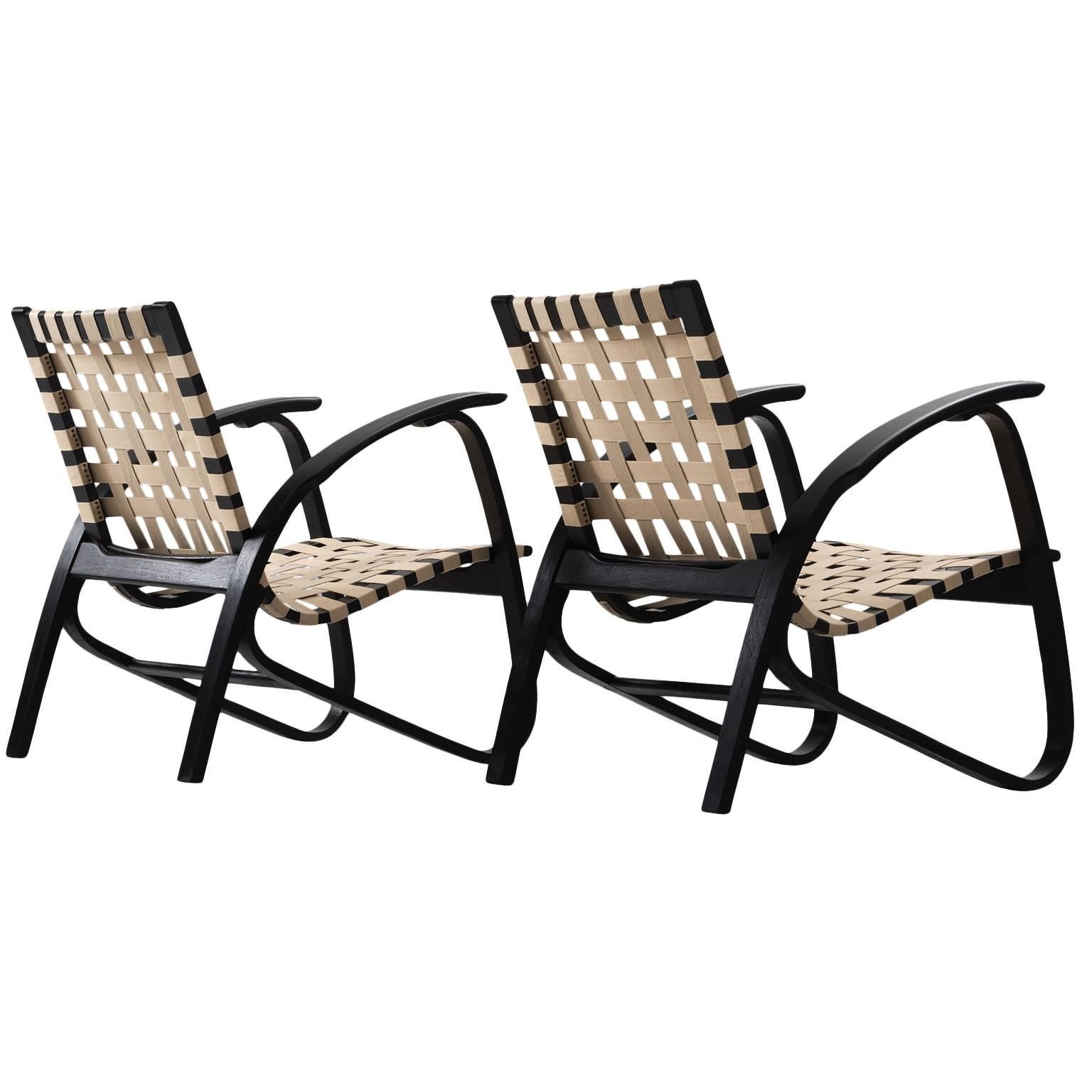 Jan Vanek Pair of Easy Chairs with New Straps Upholstered