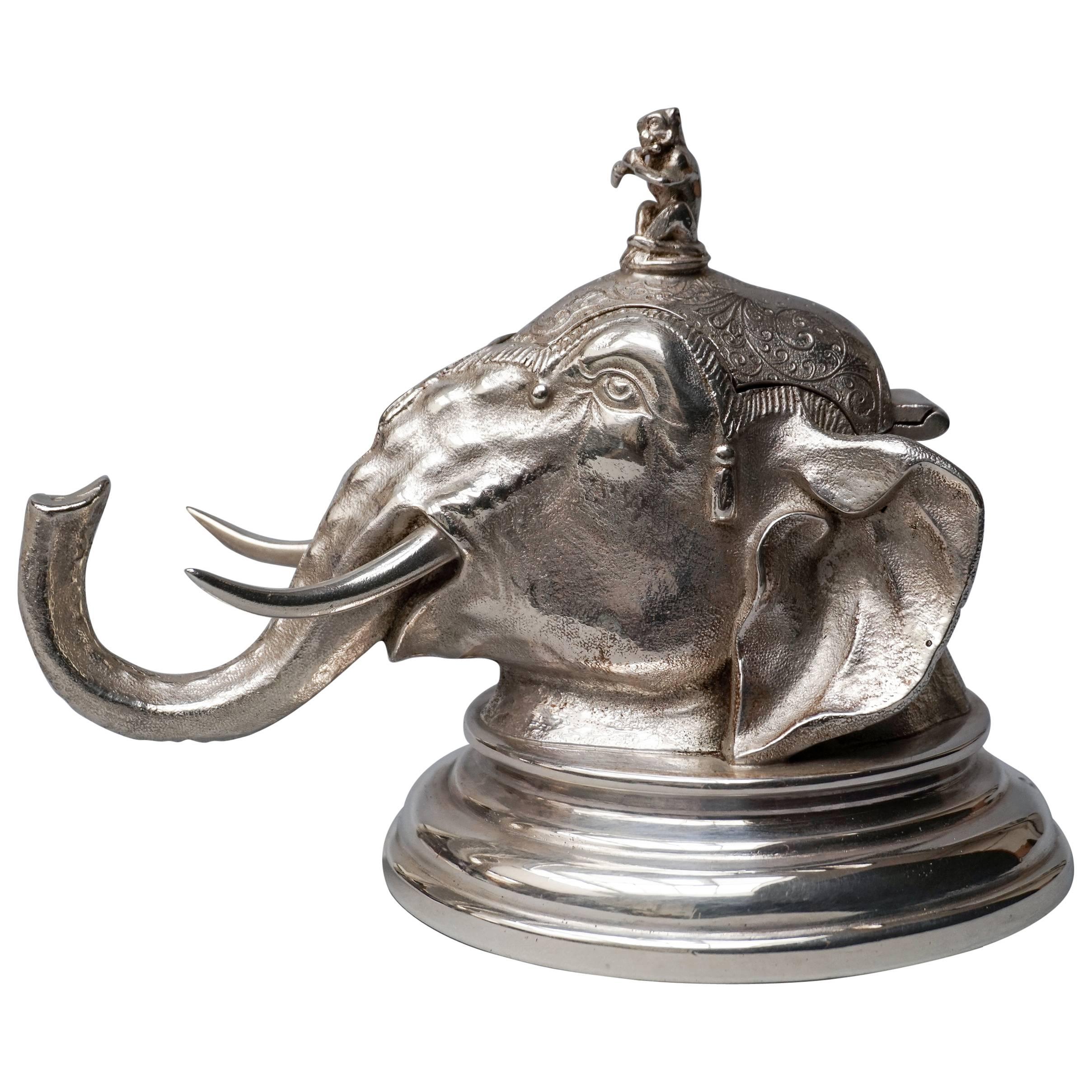 19th Century English Silver Plated Elephant Inkwell with Little Monkey