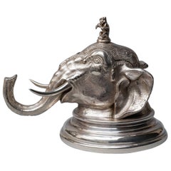 Antique 19th Century English Silver Plated Elephant Inkwell with Little Monkey