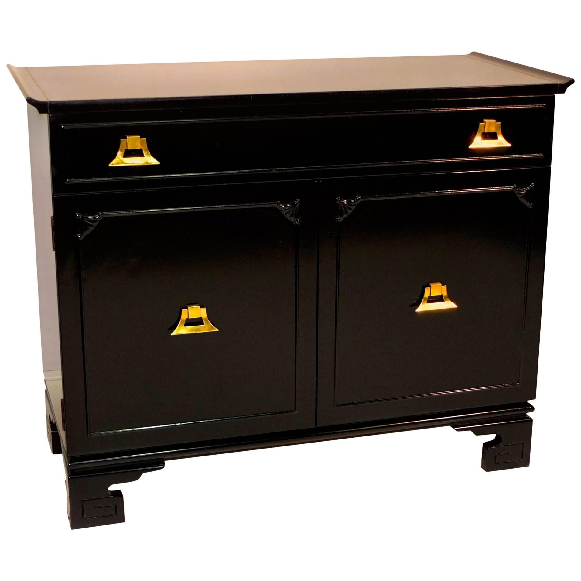 Pagoda Form Black Lacquer with Brass Cabinet in the Style of James Mont