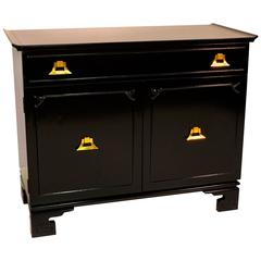 Retro Pagoda Form Black Lacquer with Brass Cabinet in the Style of James Mont