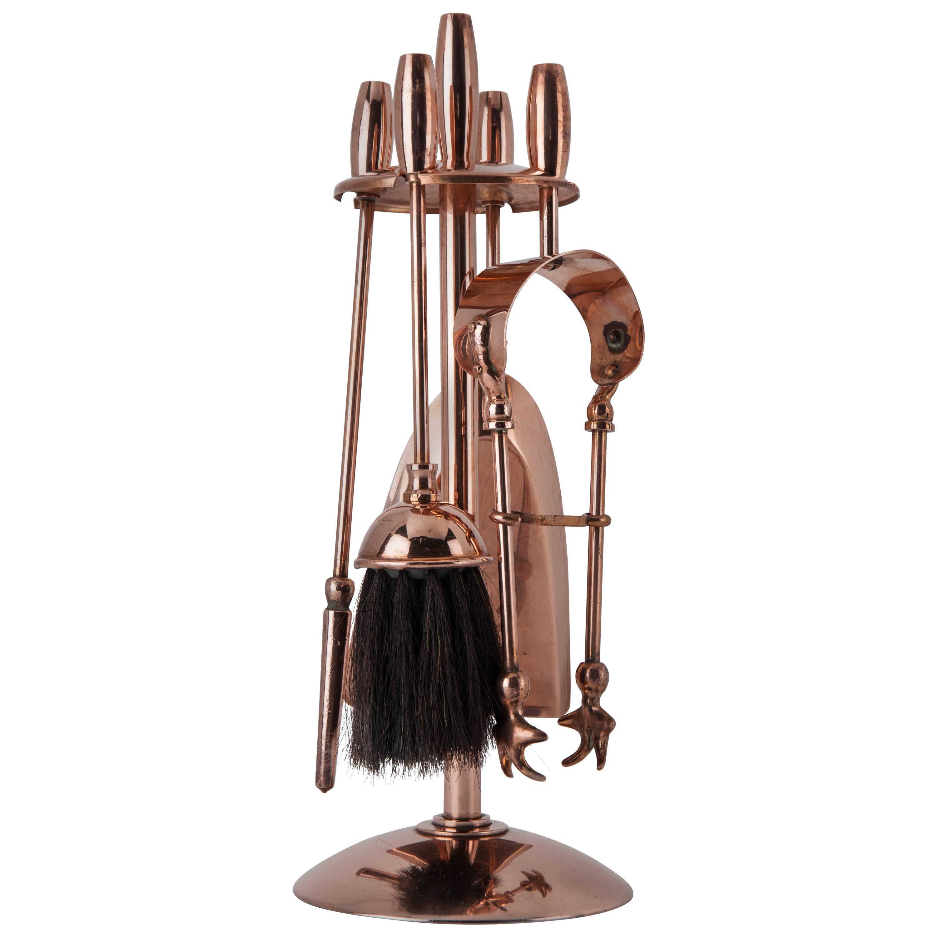 Petite Four Piece Copper Fireplace Tool Set and Matching Stand, Circa 1910s For Sale