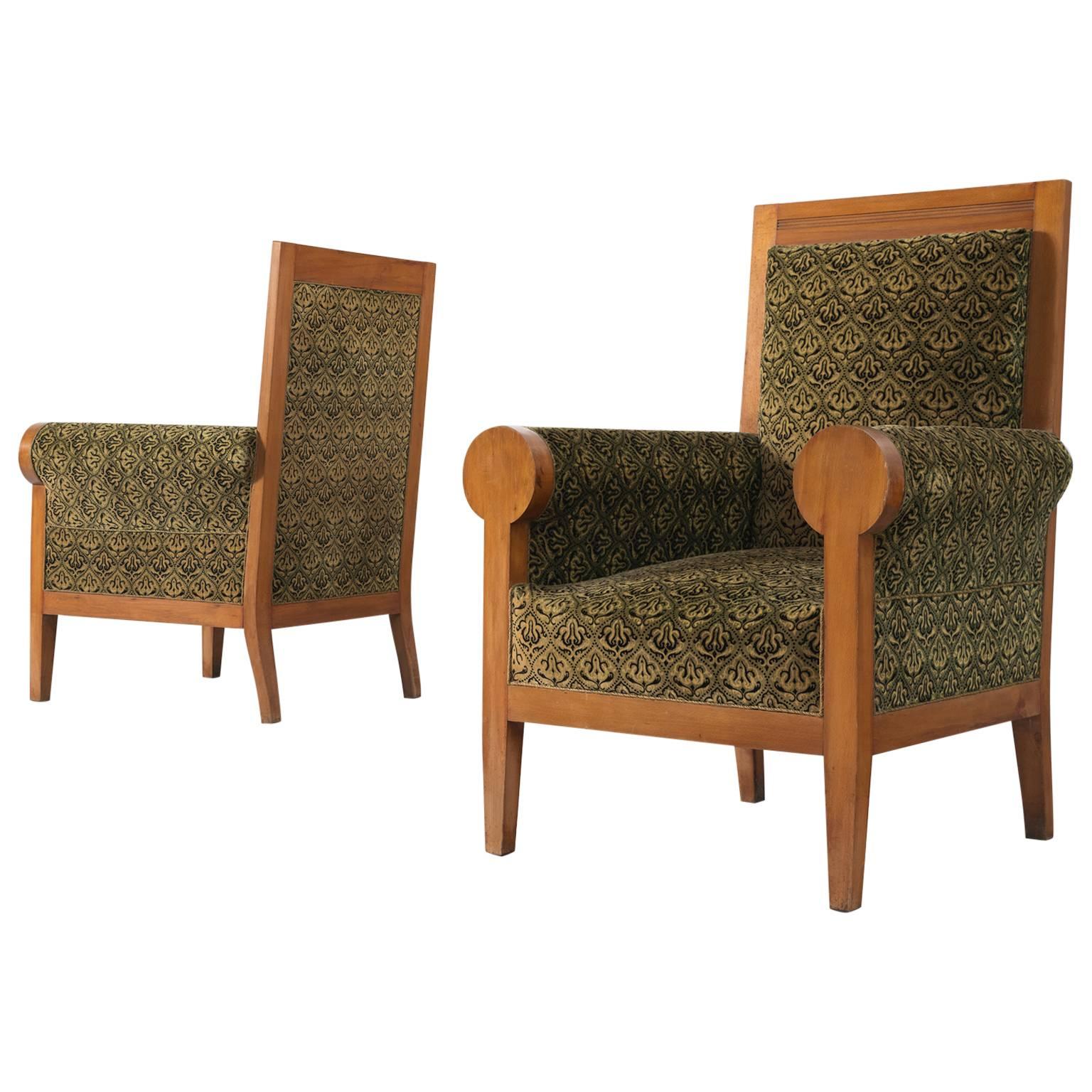 Pair of Italian High Back Armchairs in Green Fabric Upholstery