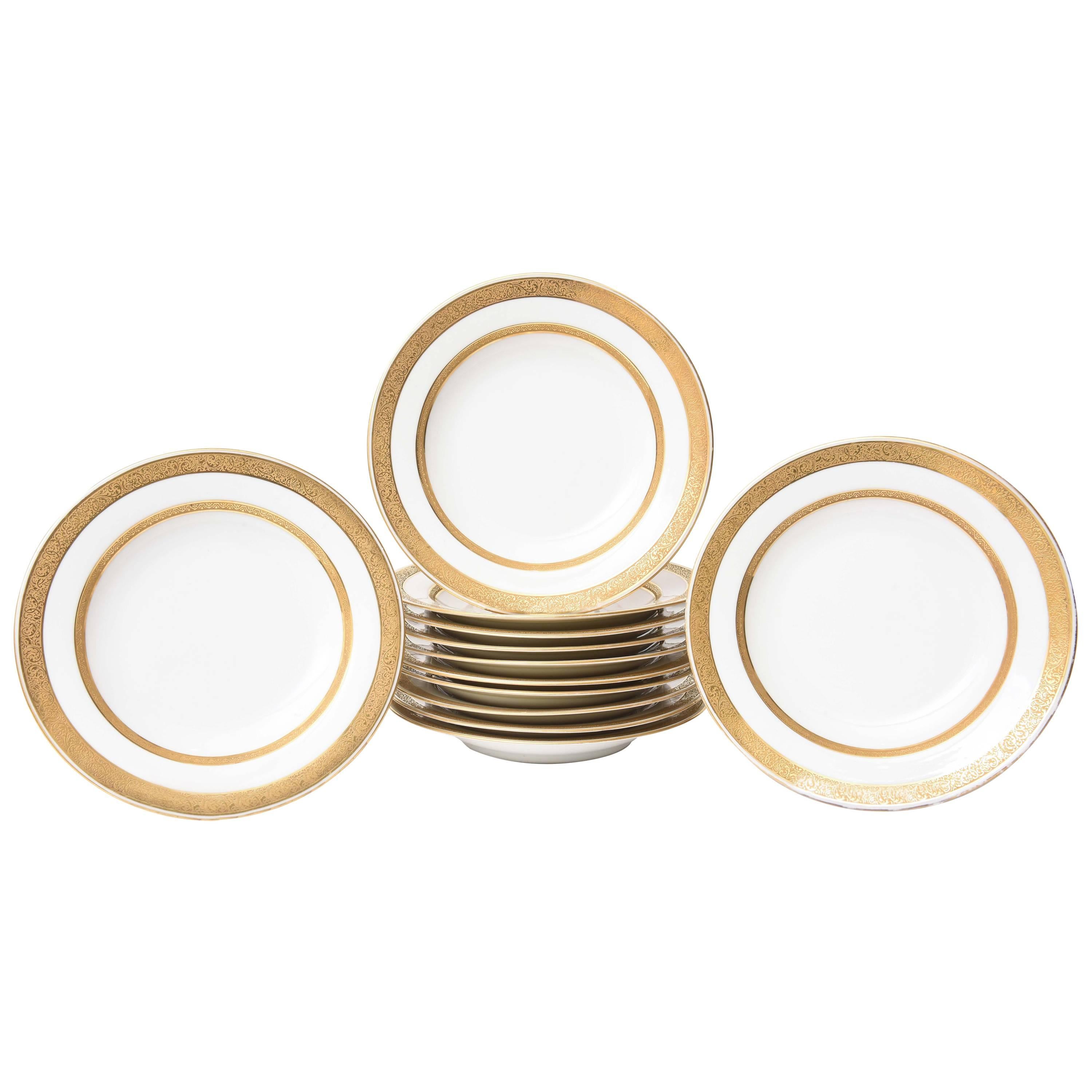 12 Antique Soup Bowls, Limoges France, Thick Gilded Rims and White Porcelain