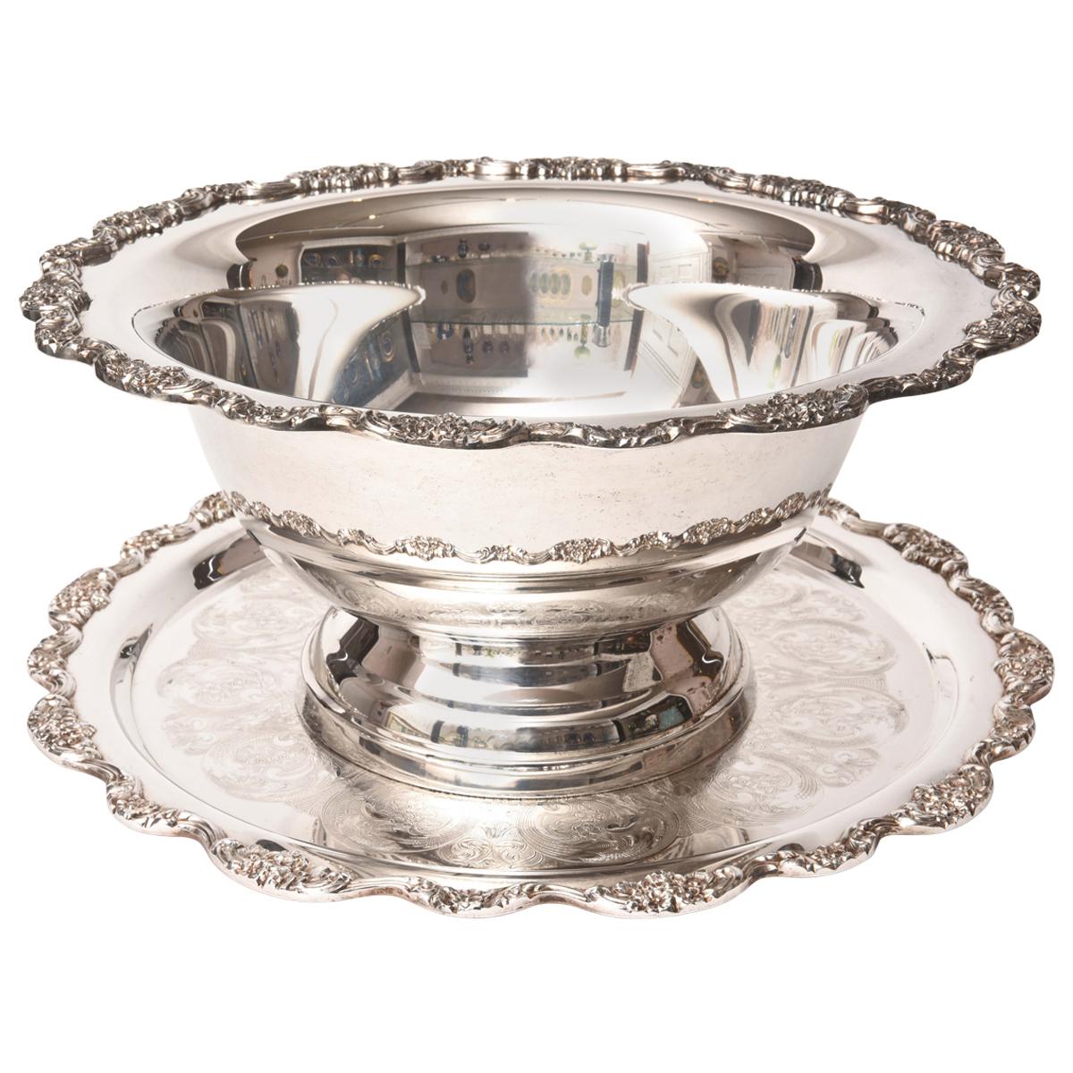 Impressive Silver Plate Punch Bowl and under Tray, American Vintage