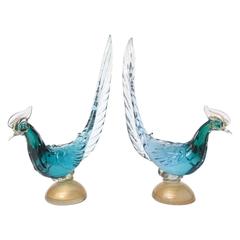 Pair of Venetian Glass Bird Sculptures, Turquoise with Blown Gold Inclusion