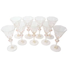 Antique Exquisite Set of Ten Venetian Goblets, Pink & Gilt with Extra Applied Decoration