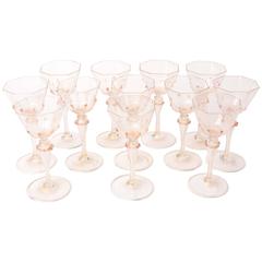 Antique 12 Venetian White Wines, Pink and Gold with Applied Blown Decoration