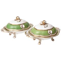 Pair of Antique English Covered Entre or Game Dishes, 19th Century Hunter Green