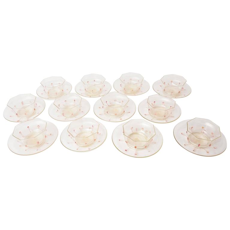 Antique Set of 12 Glass Bowls, Plates in Pretty Pink and Gold