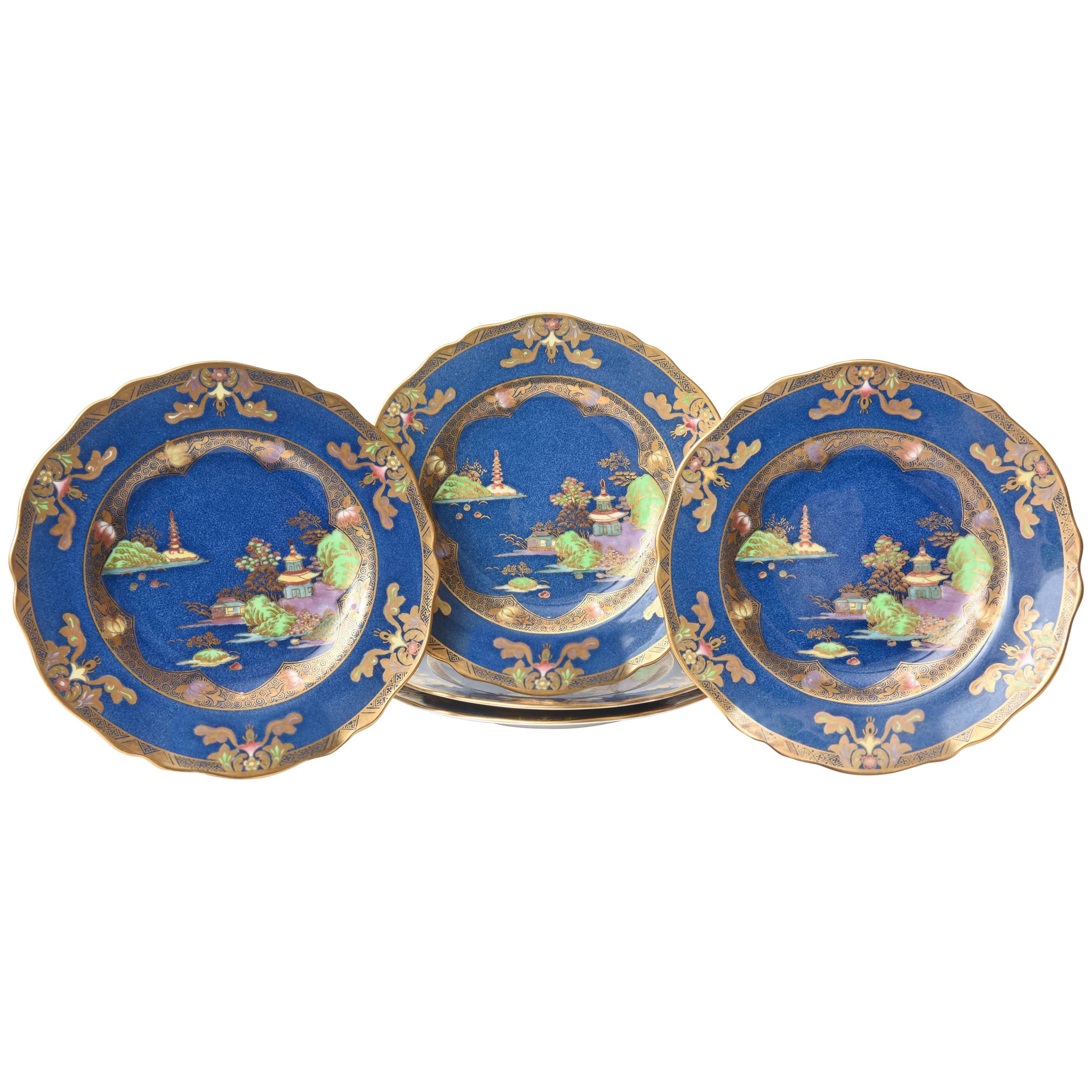 Chinoiserie Design, Spode England, Crushed Lapis and Hand Enameled Plates
