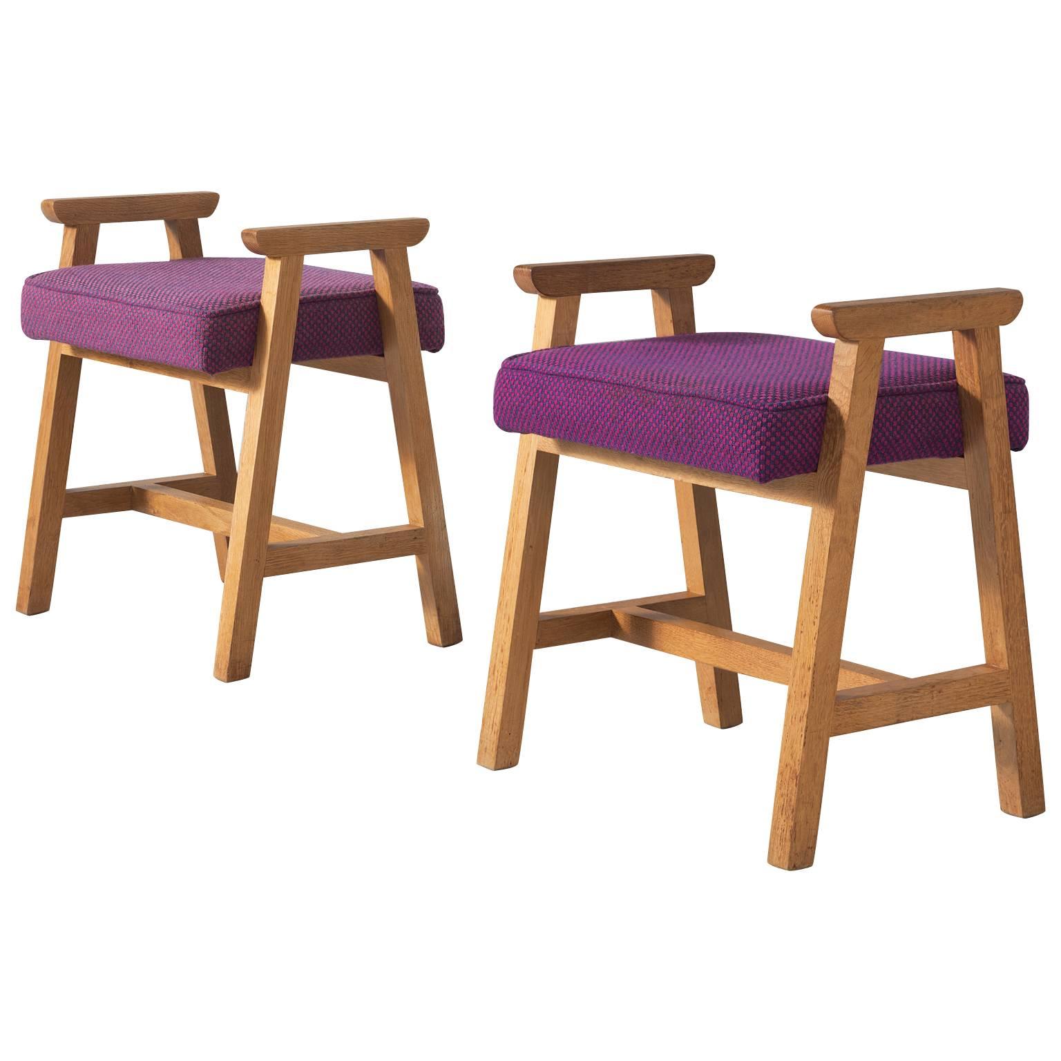 Guillerme et Chambron Set of Two Stools in Oak and Fabric Upholstery