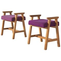 Guillerme et Chambron Set of Two Stools in Oak and Fabric Upholstery