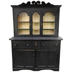 Antique 19th Century Georgian Irish Black Glazed Dresser w/ Primitive Carved Pediment