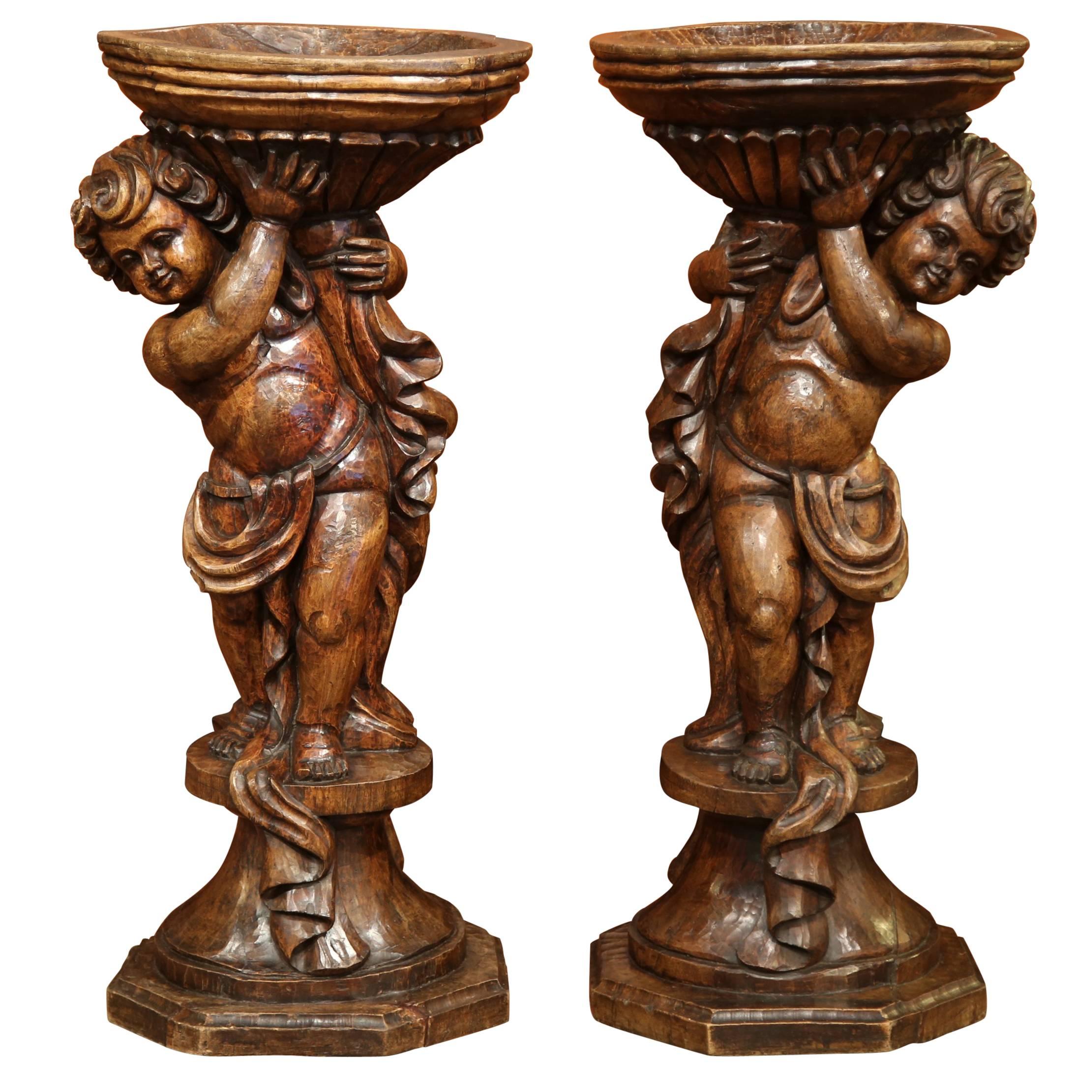 Tall Pair of 18th Century French Hand-Carved Walnut Plant Stands with Cherubs