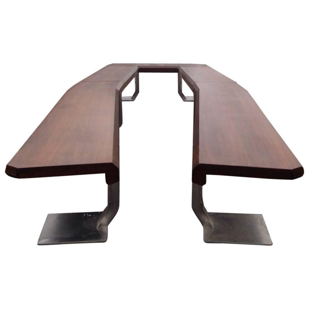 Italian 1970s Steel and Teak Conference Table