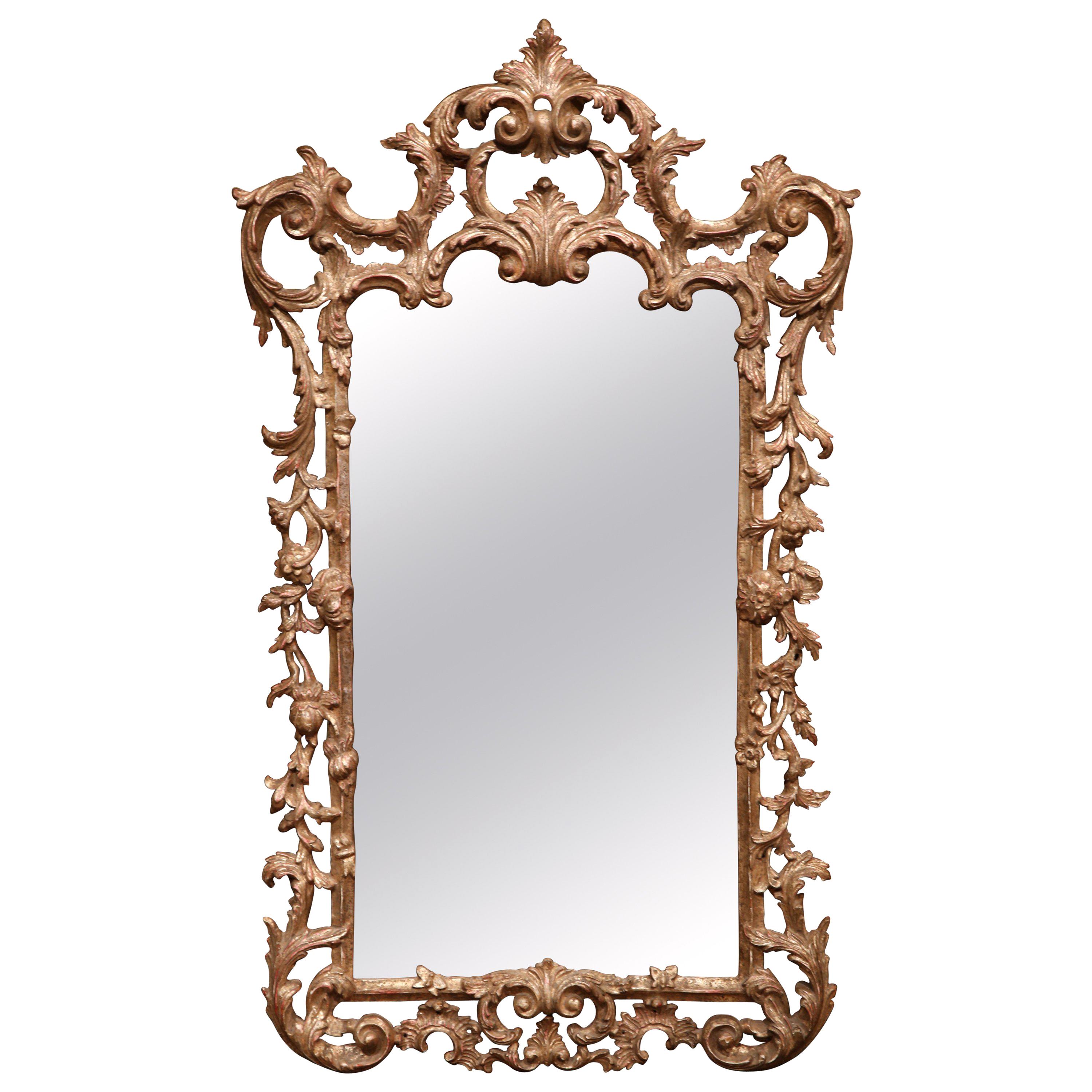 Mid-20th Century, Italian Carved Silver Leaf Wall Mirror with Smoked Glass